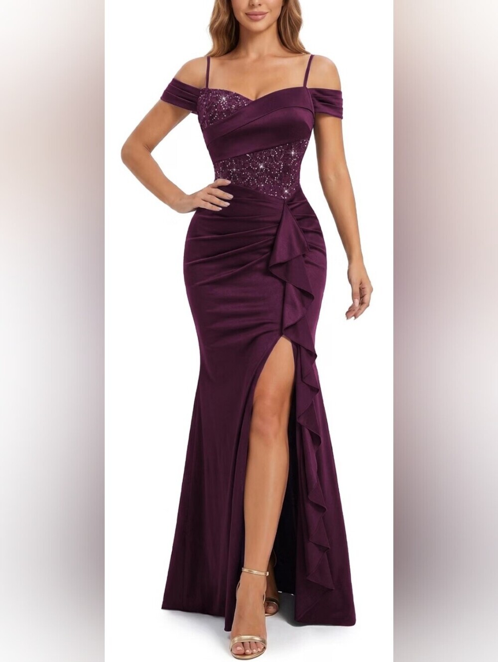 NWT Plum Sequin Off Shoulder Formal Maxi Gown Ruffle Slit Size Large
